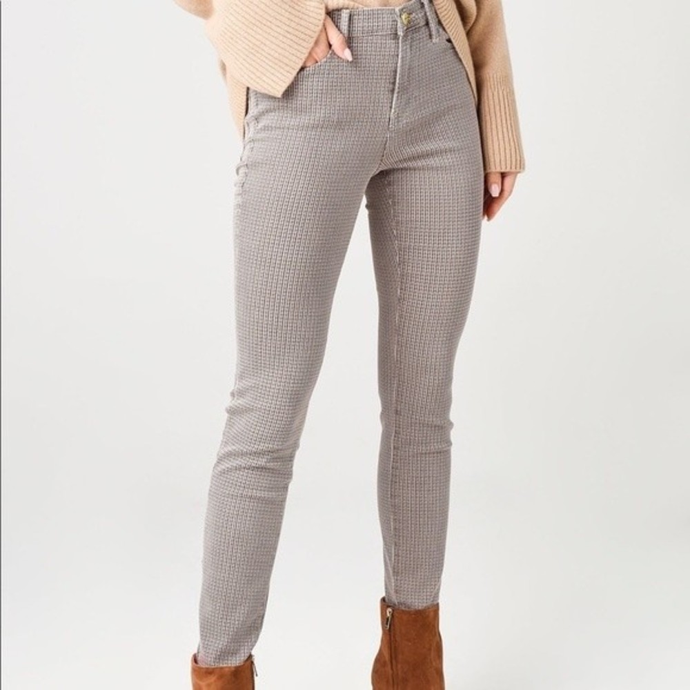 Frame Le High Skinny Stretch Pants Brown Cream Micro Plaid Houndstooth Academia